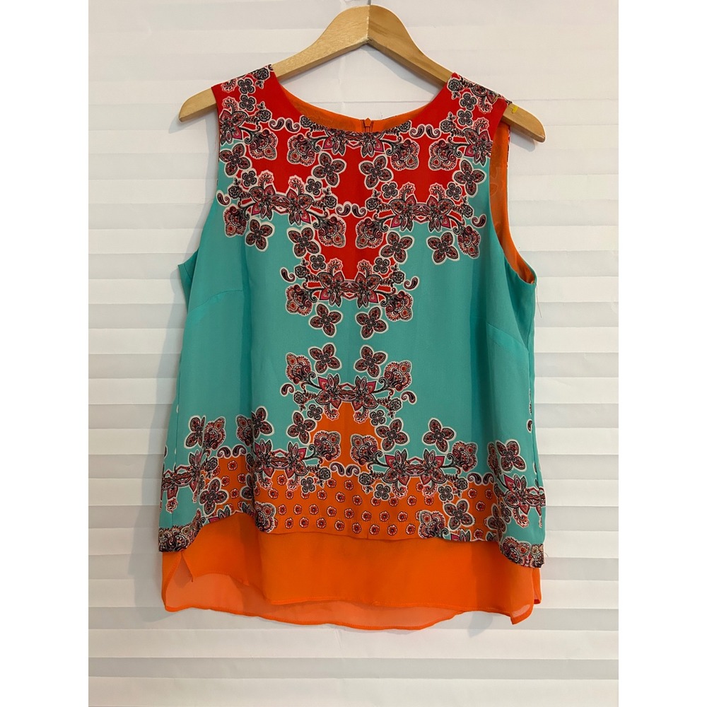 Rose + Olive Floral Medallion Sleeveless Blouse Teal Orange Tiered Hem Large